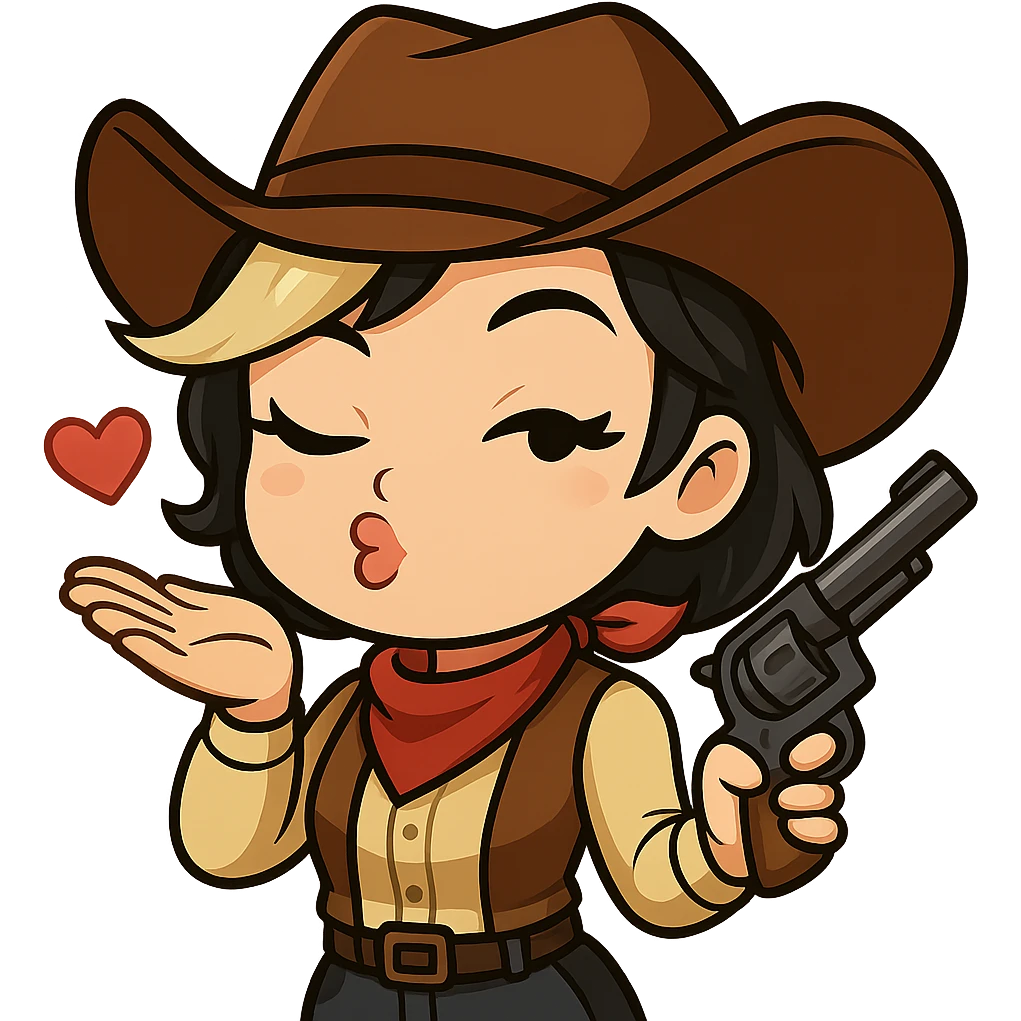 Remove the left gun (on her right, our left) from this chibi cowgirl image. Make her left hand look natural, as if she is just blowing a kiss. Keep the pose, winking and blowing a kiss expression, outfit, right gun, and all other details unchanged. Transparent background, sized for Twitch or Discord use. emoji