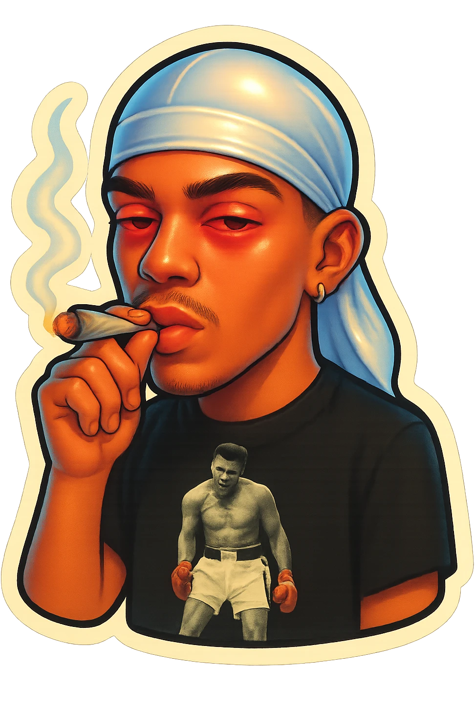 Red eyes lids
Smoking weed
Change His durag To white emoji