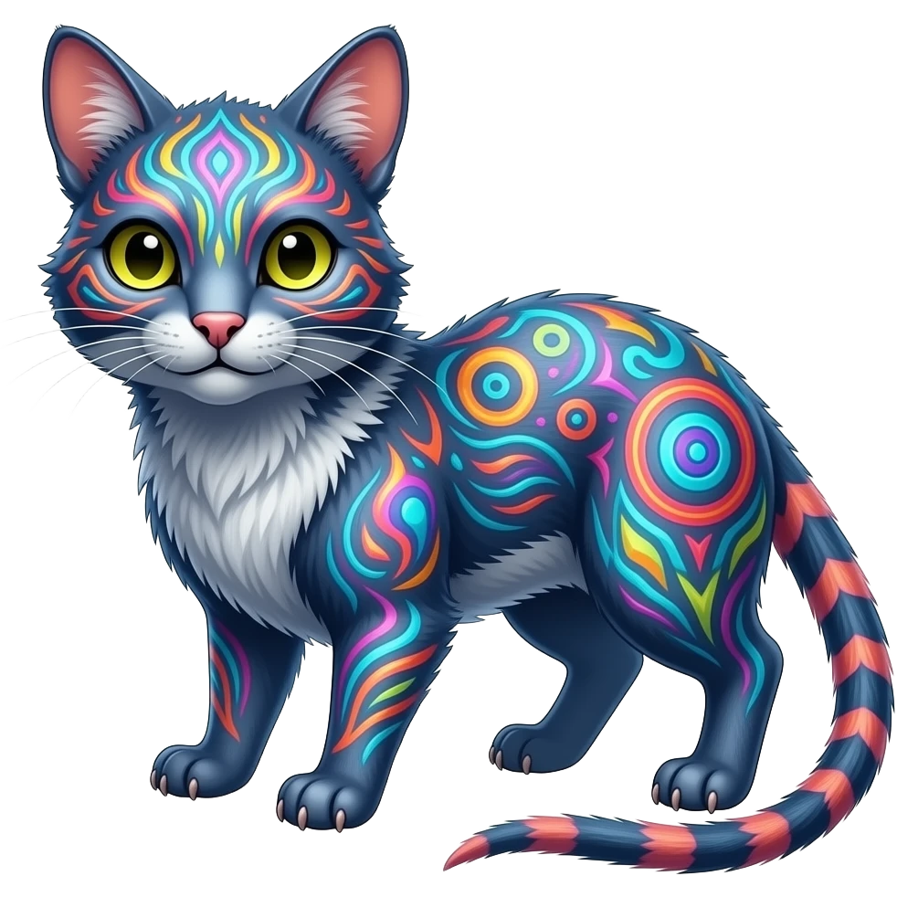 Exotic Neon-colored fantasy feline-rodent-marsupial-critter-vernid-fursona animal creature full body with intricate markings emoji