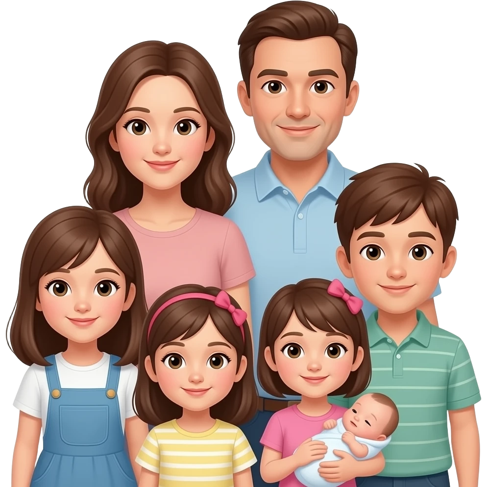 family of 8 white people and all with brown hair with 2 parents mom and dad with 6 kids 12 year old girl 10 year old boy 9 year old boy 8 year old girl 2 year old girl and newborn girl emoji