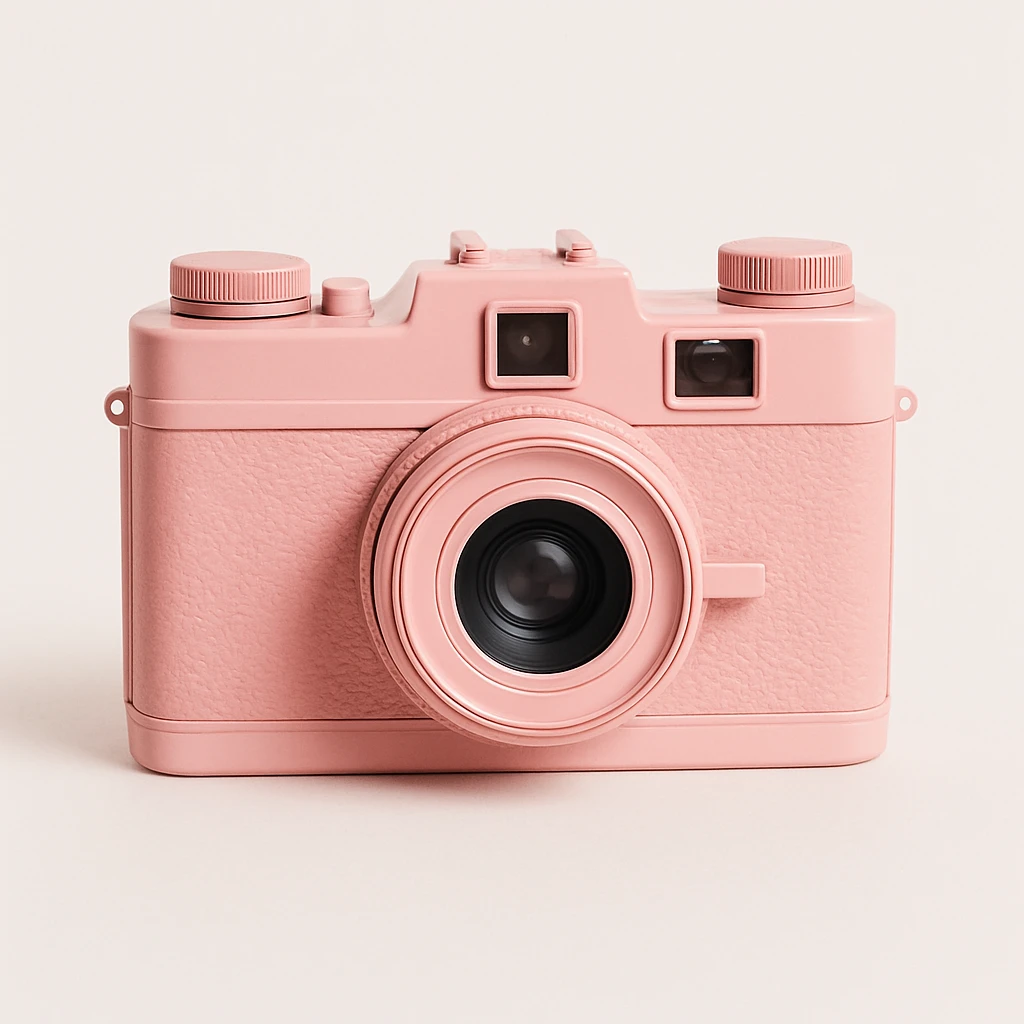 vintage camera, pink, minimal, on white background, no text emoji