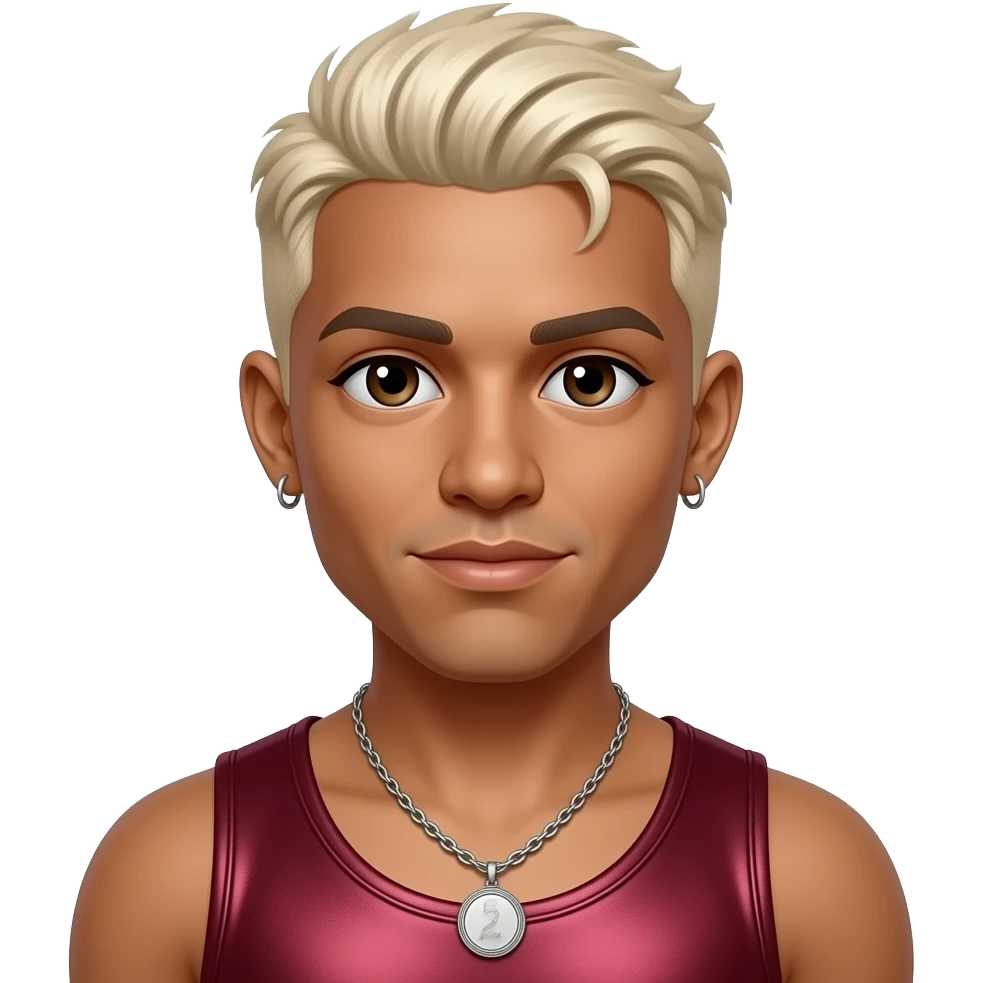 Raz-B from B2K with dark brown eyes, platinum blonde caesar cut hair, deep red metallic tank top, necklace and earrings emoji