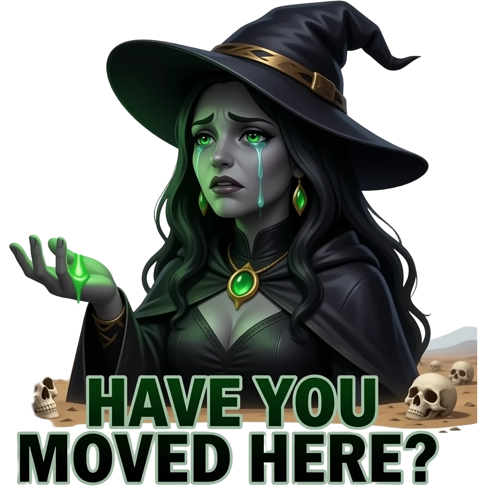 A dark sorcerer’s evil woman is crying expression, she is hand holding a WhatsApp logo burning with green magical flames, liquid creams, texts bold font on below: 'HAVE YOU MOVED HERE?', cinematic lighting, high-contrast emoji, disgusting, dead, valley of head bones in background emoji