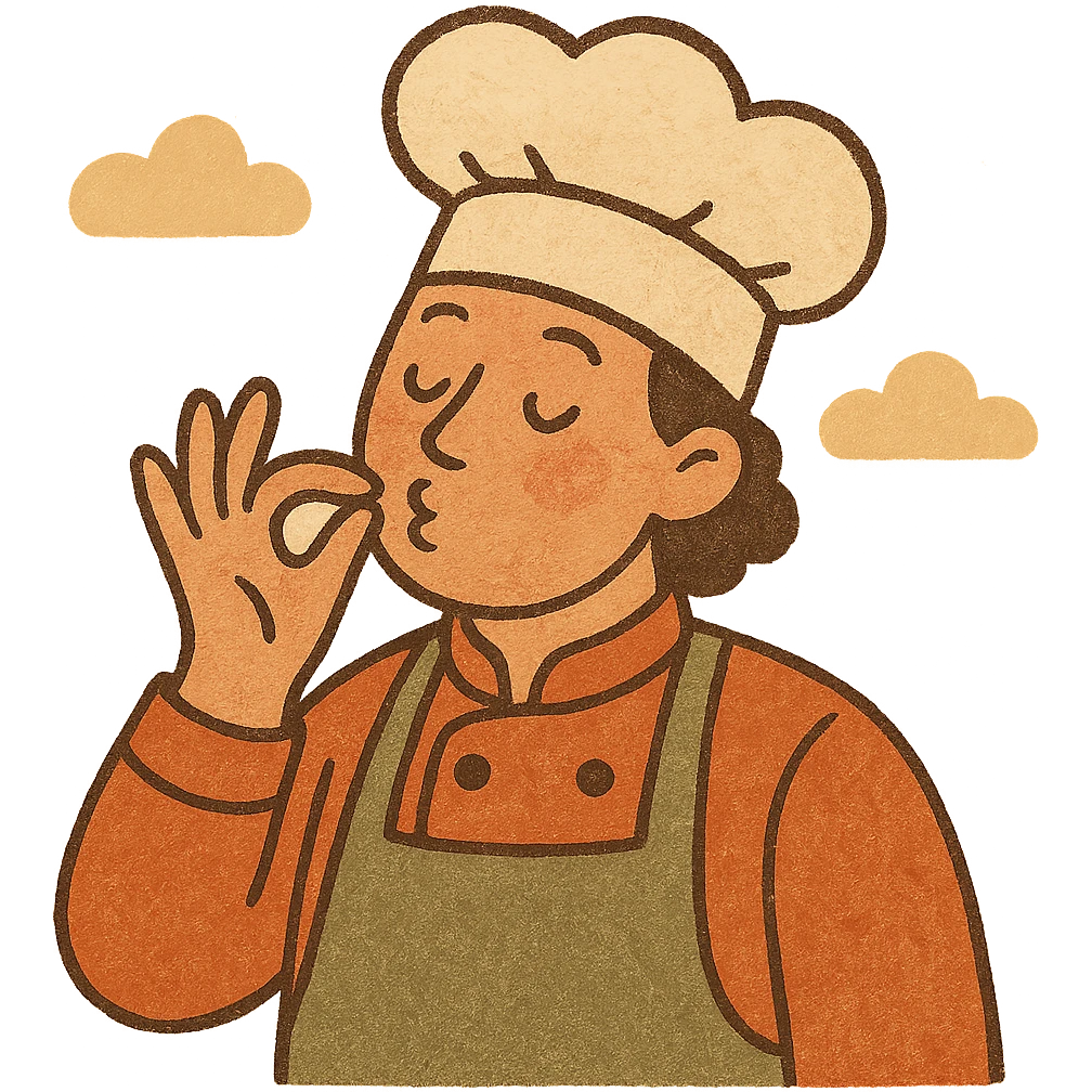 smiling chef in uniform, puckered lips, fingers to mouth, 'chef's kiss' gesture, simple and bold emoji