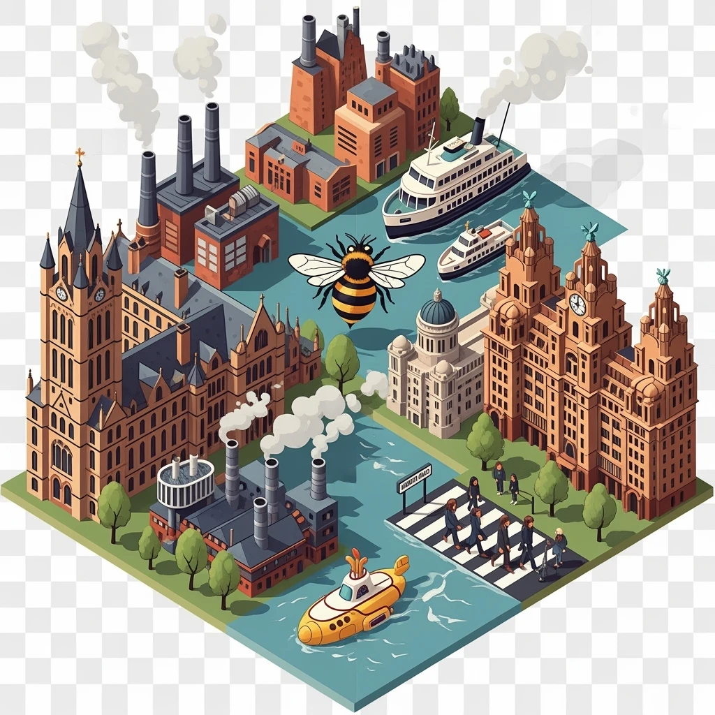 Isometric illustration of Manchester and Liverpool combined, featuring Beatles references (Abbey Road sign), Manchester Town Hall, toy-style factories, balanced between stylized painting and realistic, transparent background emoji