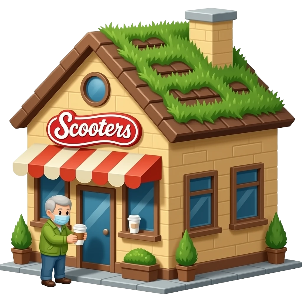 A coffee shop named "Scooters" with a pitched roof with grass growing on it. The logo is red, the building walls are tan and brown. A  COVID-19 virus is buying coffee.  emoji