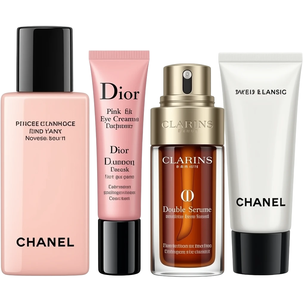Next to it are a face mask, Chanel Pink Lotion, Dior Pink Eye Cream, Dior Face Cream, Clarins Double Serum, and Chanel Cleanser emoji