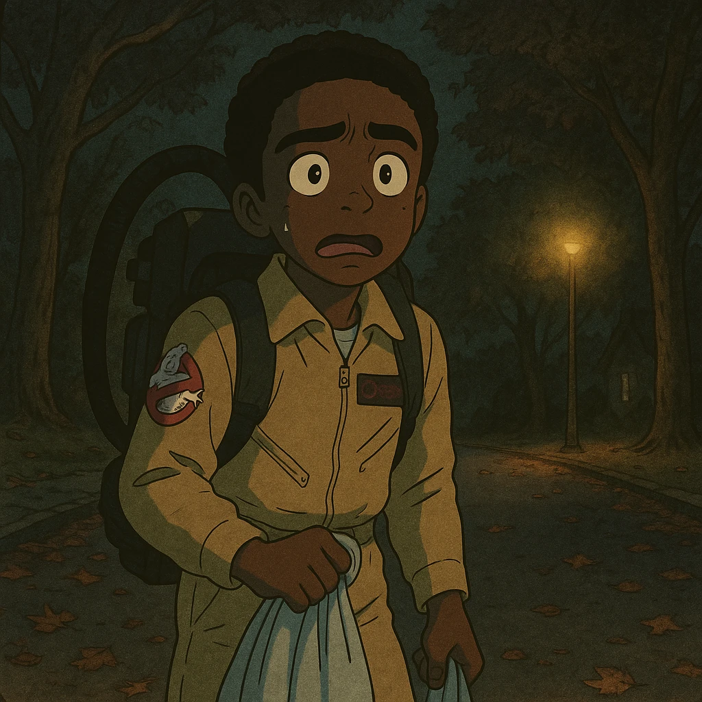 Lucas from Stranger Things dressed as a Ghostbuster for Halloween, in Ghibli style with delicate strokes, thick dark outlines, pastel color tones, and a slightly aged texture. Variation 2: scared expression, dark street with fallen leaves. emoji