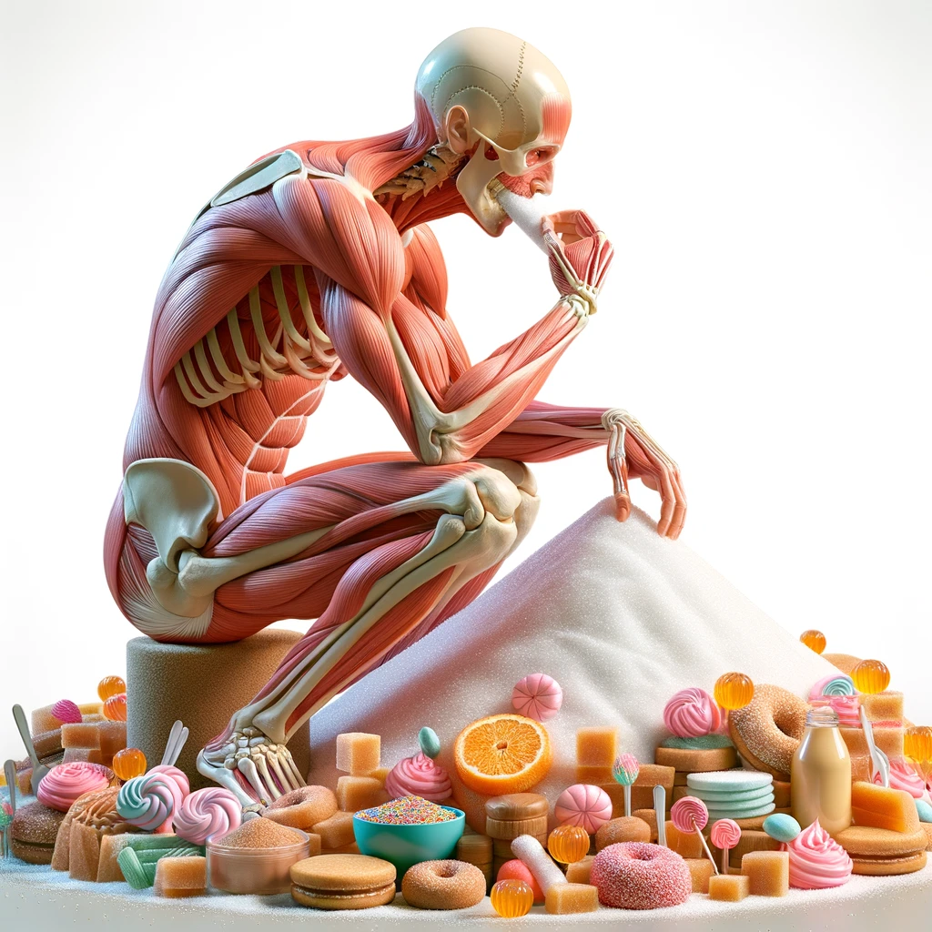corpo umano anatomico che si abbuffa di dolci e zuccheri, montagna di zuccheri davanti a lui, iperrealistico 4k, isolato su sfondo bianco emoji