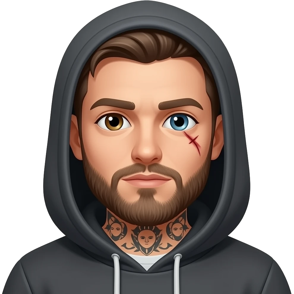 Guy, less beard, tattoos, hoodie, left eye dark brown, right eye light blue, scar across the right eye emoji