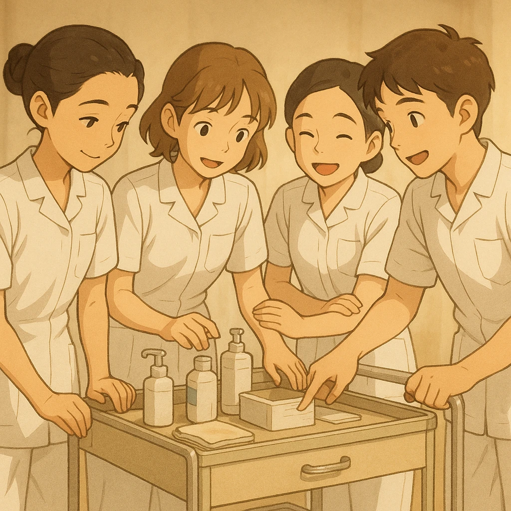Four nursing students in Ghibli style, interacting around a care cart, wearing white short-sleeve uniforms with V-neck medical tunics, left chest pocket, no collar stand, no stethoscopes, nothing protruding from sleeves, atmosphere of mutual aid and teamwork emoji