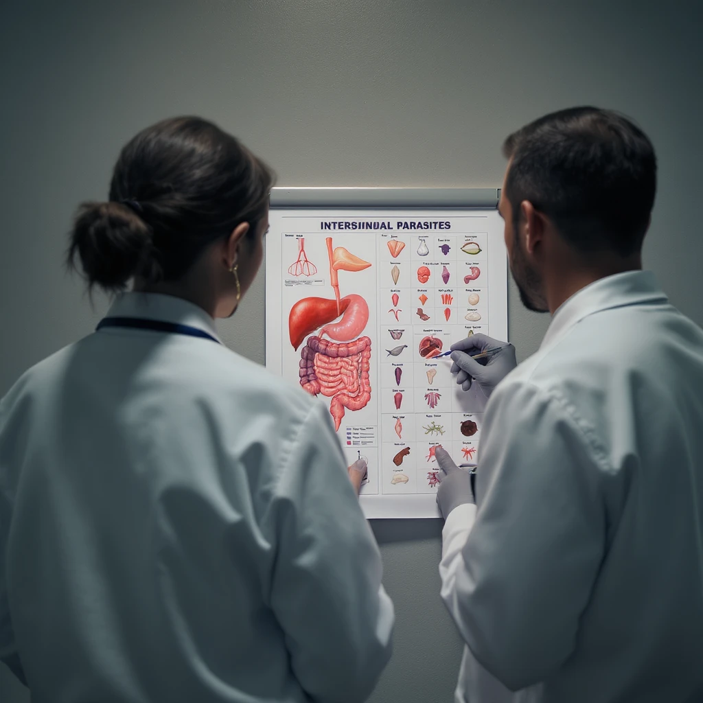 realistic, cinematic photo: two doctors in white coats, seen from behind, studying a chart of intestinal parasites, dramatic clinical light, 2:3 aspect ratio emoji