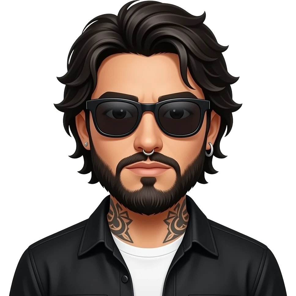 A handsome Latino man with medium length hair and long beard and tattoos with a right nose hoop and a left earring hoop wearing all black with a white undershirt and black sunglasses emoji