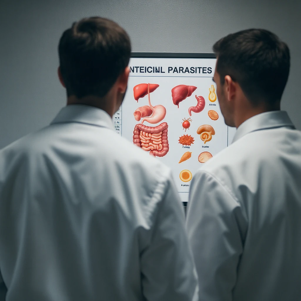 realistic photo, two doctors in white coats from behind, looking at a medical chart showing intestinal parasites, cinematic lighting, 2:3 aspect ratio emoji