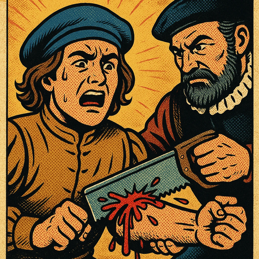 A young french soldier from the 1500s facing forward - face on. The soldier is in pain as he is having his arm amputated with a saw above the elbow by a tudor surgeon. emoji