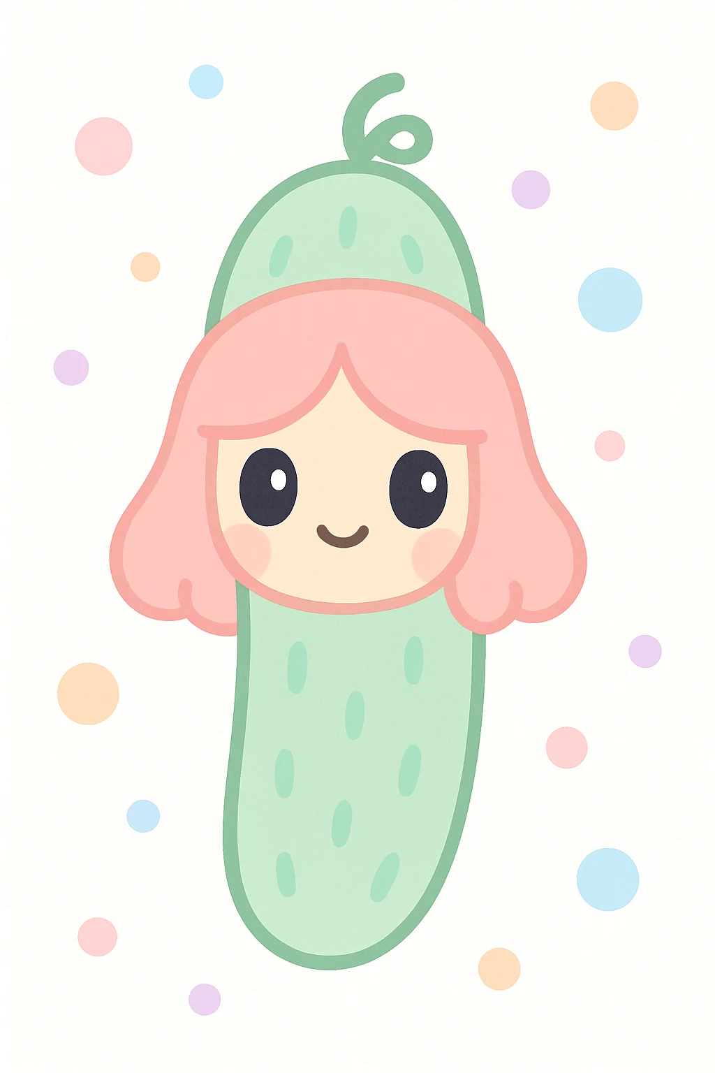 playful illustration of a cucumber character with a girl's face and hair, cute and whimsical style emoji