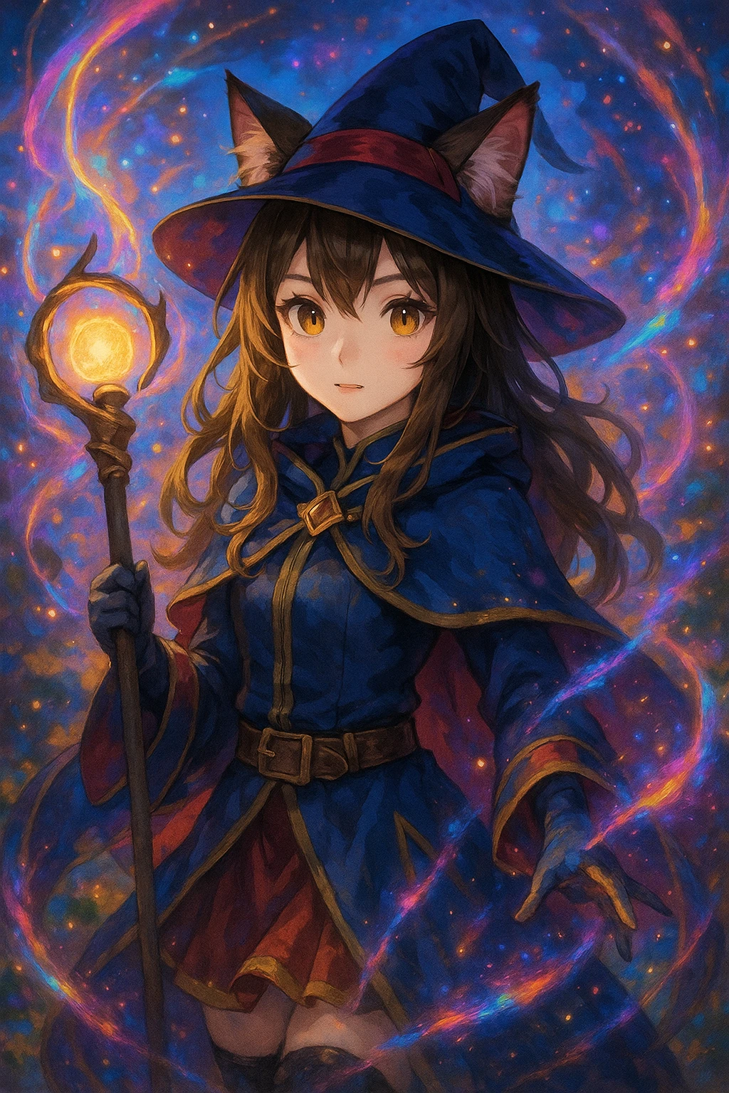 realistic anime catgirl in a fantasy mage outfit, glowing staff, magical effects, vibrant background emoji
