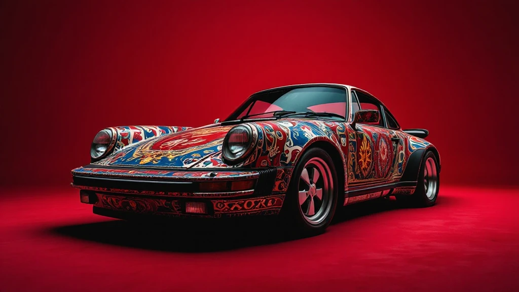 Closeup shot of a porsche 911, body of car made of russian carpet with patterns, red solid studio background, very dark room, top low key light, dutch angle, haze, captured by ARRI 65 emoji
