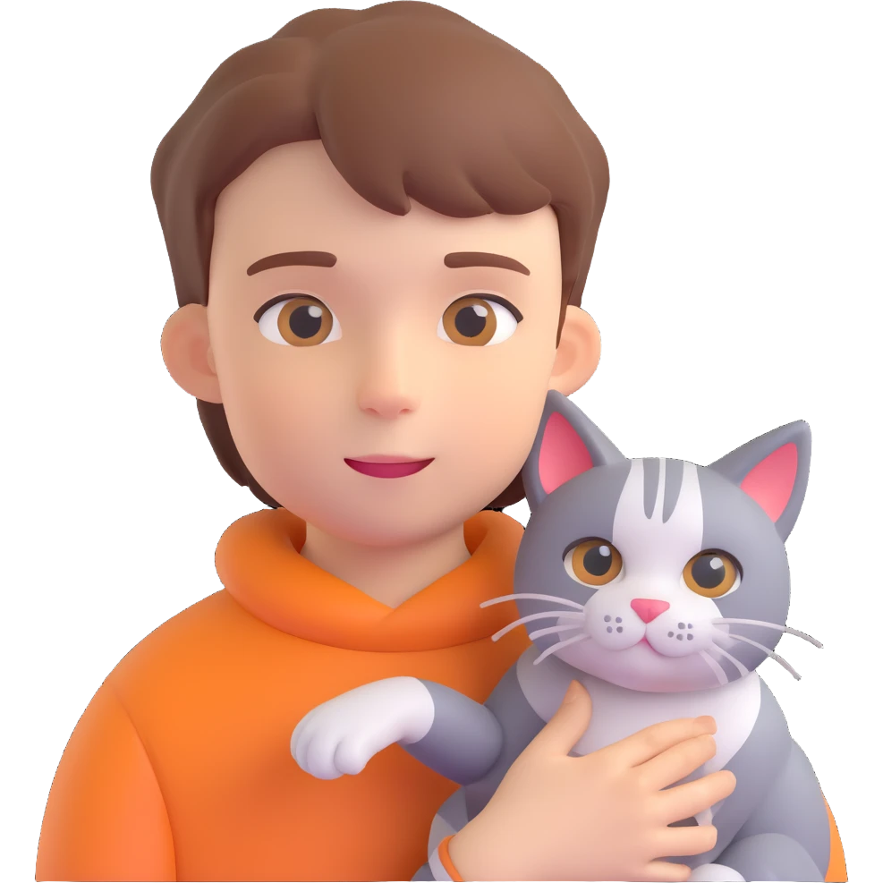 boy and cat pet in forrest background, close up pose emoji