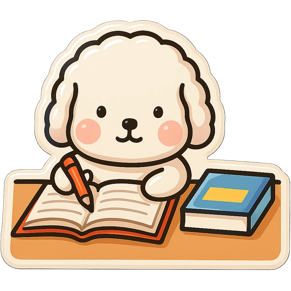 Transform the image into a WhatsApp sticker style by removing the background and leaving only the cute dog studying, with a white border around for sticker effect. emoji