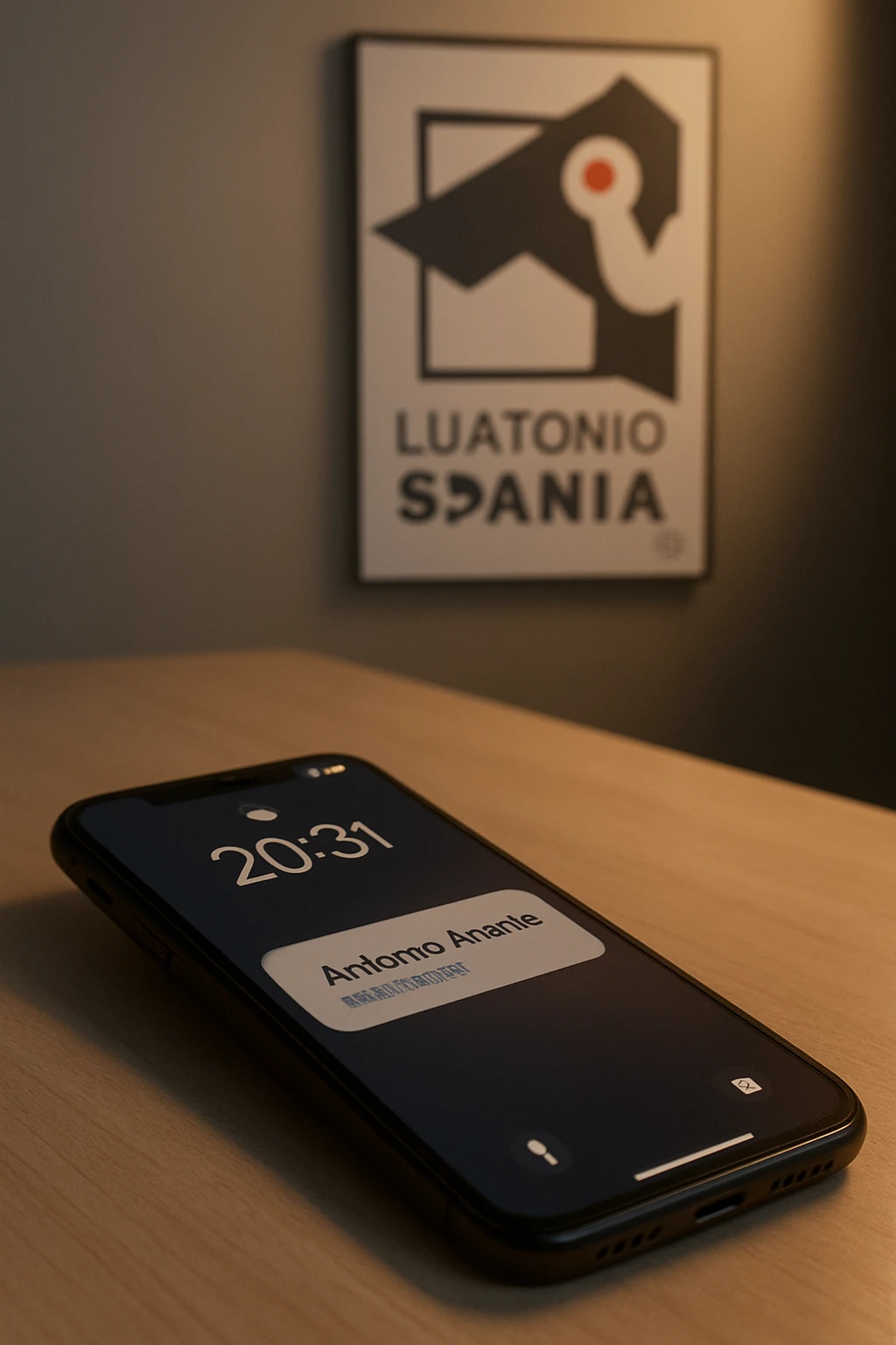 A photo of an iPhone with the message "Antonio Anania" on its scree, both surrounded by soft light and shadow. The phone sits atop a desk with a blurred background that suggests work environment. A faint glow from above casts gentle shadows across the surface of each object, creating depth and highlighting their textures. emoji