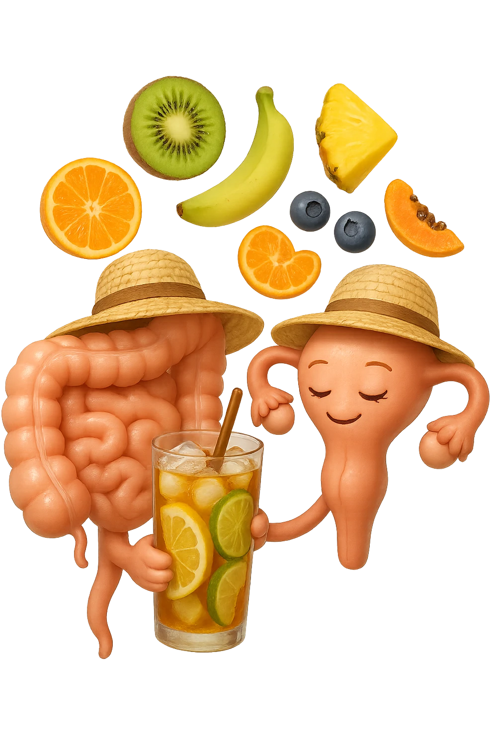 EMOJI STILE IPHONE DI INTESTINO E UTERO UMANI REALISTICI CON CAPPELLO DI PAGLIA DA SPIAGGIA CHE BEVE UN Tè FREDDO IN BICCHIERE DI VETRO CON DENTRO  fette di cetriolo, limone, lime, DIETRO L'INTESTINO FLUTTUANO PEZZETTI DI Kiwi
Banana acerba
Arance e mandarini
Mirtilli
Ananas
Papaya
IPERREALISTICO 4K emoji