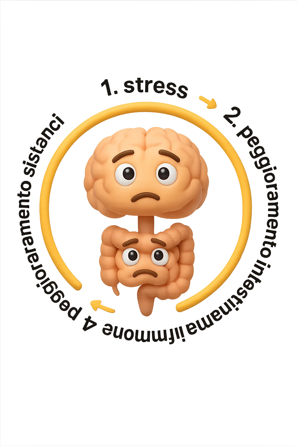 EMOJI STILE IPHONE 3D DI un cerchio con queste scritte che girano intorno in ordine per come li ho scritti "1. stress → 2. peggioramento intestinale → 3. aumento infiammazione → 4. peggioramento sintomi intestinali e sistemici." al centro del cerchio metti un cervello e intestino umani collegati verticalmente con espressione dubbiosa in volto, FALLO MOLTO REALISTICO IN 3D emoji