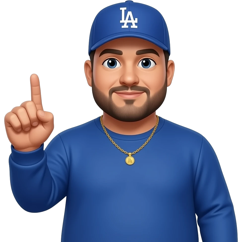 chubby man with a light honey skin complextion with lightly shaved black beard wearing a blue Los Angeles Dodgers baseball cap wearing a long sleeve blue shirt wearing a gold tennis necklace pointing up emoji