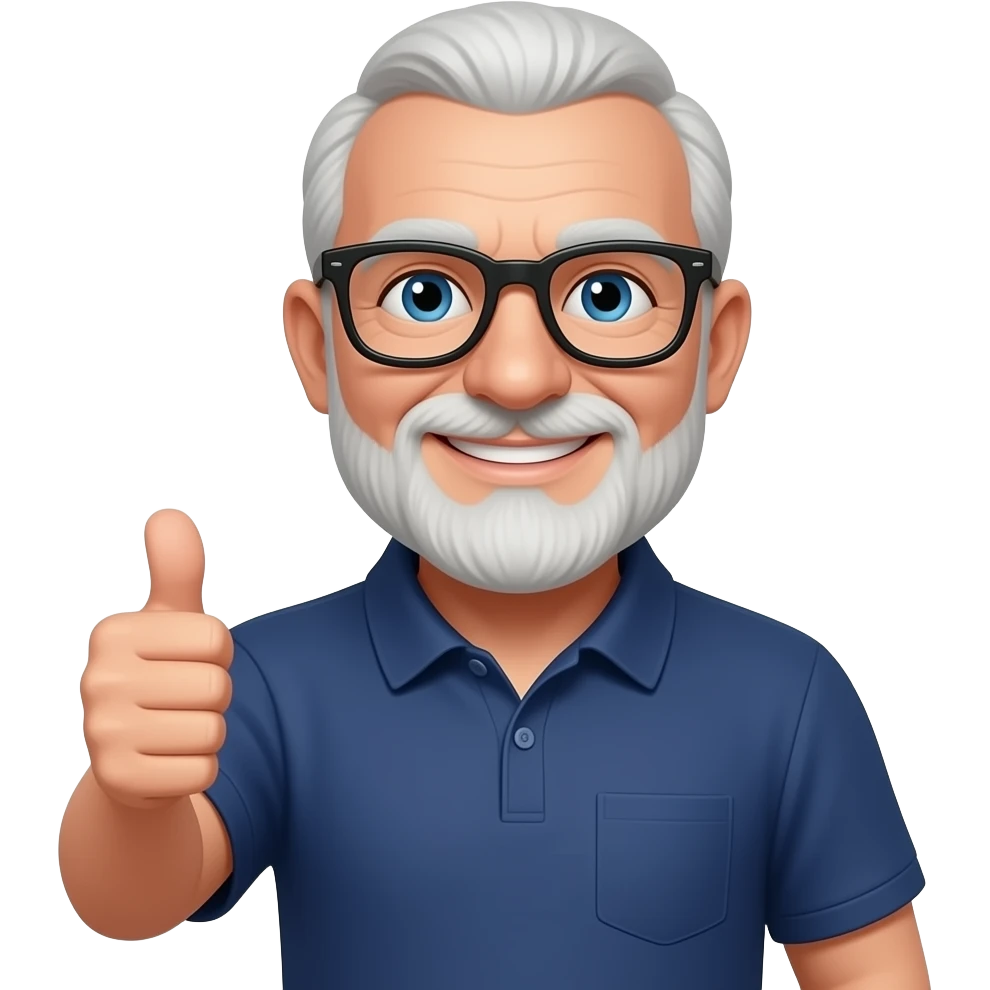 old bald smiling man with white beard, blue eyes, black glasses, thumbs up, navy blue polo shirt emoji