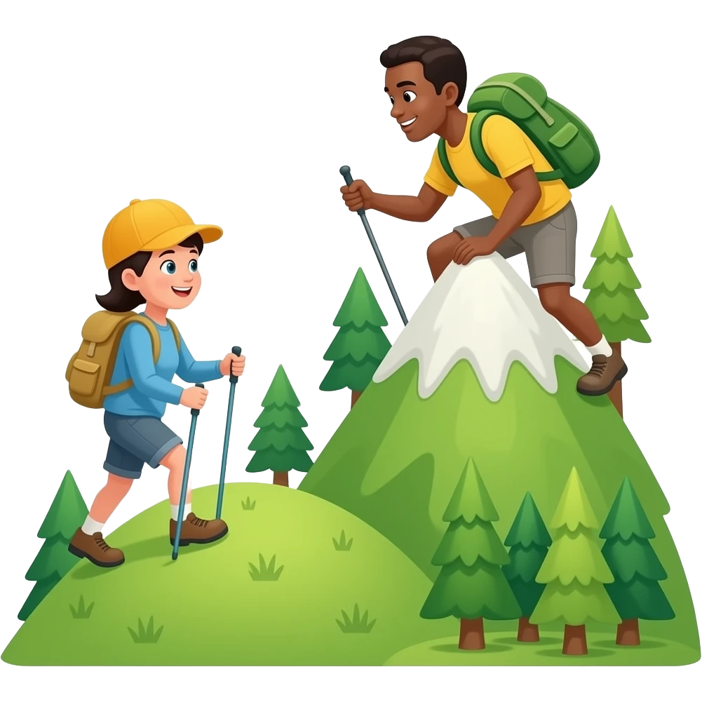 Person hiking down one kids mountain and they’re cockney climbing uphill in another mountain kids, showing emoji