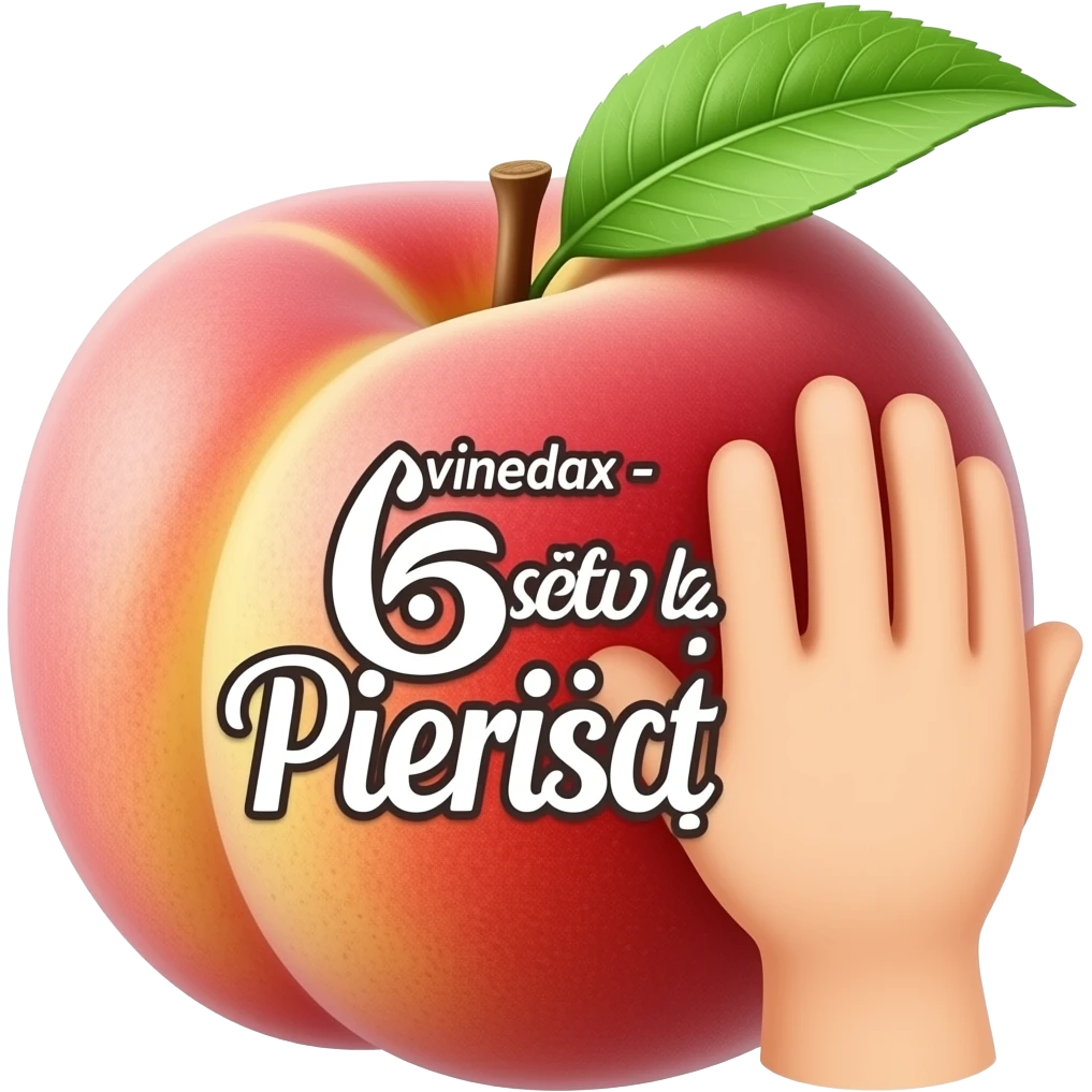 Create an emoji with a pink juicy peach fruit and a palm to slap him and GRAND TEXT on him: 6vinedax - Șefu la Pieriscuță emoji