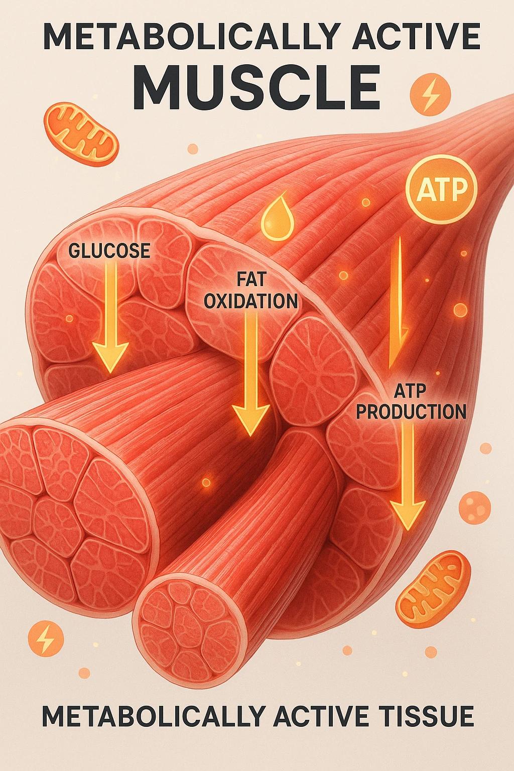 a highly detailed cross-section of human skeletal muscle fibers, shown in vibrant red and pink tones, with visible striations and realistic texture. Glowing arrows and animated icons represent active metabolic processes—such as glucose uptake, fat oxidation, and ATP production—occurring within the muscle tissue. Surrounding the muscle, floating symbols for mitochondria and energy highlight its metabolic activity. The background is clean and clinical, with subtle labels and infographics explaining that muscle is a metabolically active tissue. The overall style is modern, scientific, and visually engaging, suitable for educational or medical use. in italiano emoji
