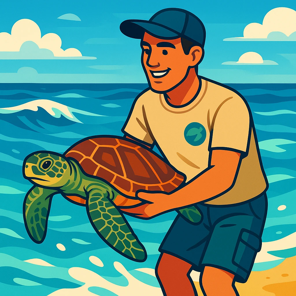 male marine conservationist releasing a sea turtle with ocean background vibrant semi-realistic illustration style emoji