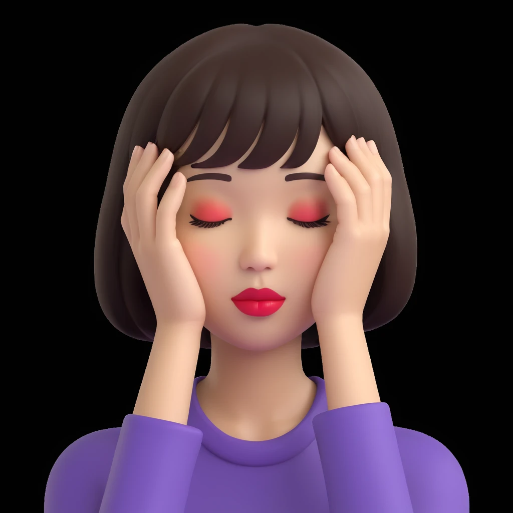 A young Asian woman with short, dark brown hair with bangs, neutral facial expression, closed eyes, vibrant red lips, light beige skin tone, close-up portrait, plain white background, cartoon-like and stylized, bright and saturated colors, even and flat lighting, neutral atmosphere, 3D emoji style. emoji