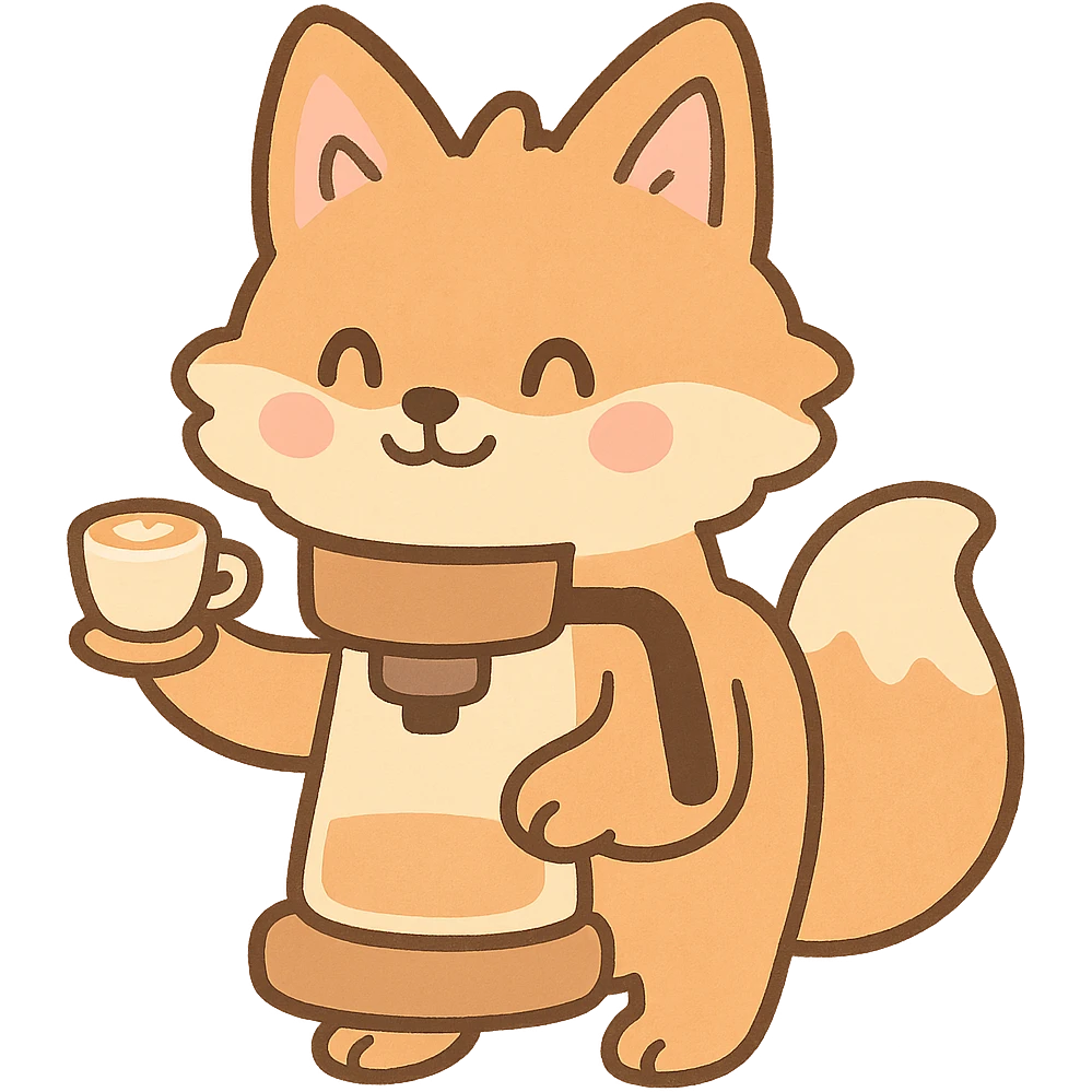 soft pastel style, soft fluffy fox as a coffee maker holding a tiny latte cup, soft pastel brown and beige, full-body emoji
