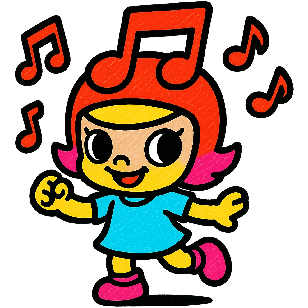 Popmart Space Molly as a Rednote emoji, dancing with red musical notes around, big head, small body, fun and energetic emoji