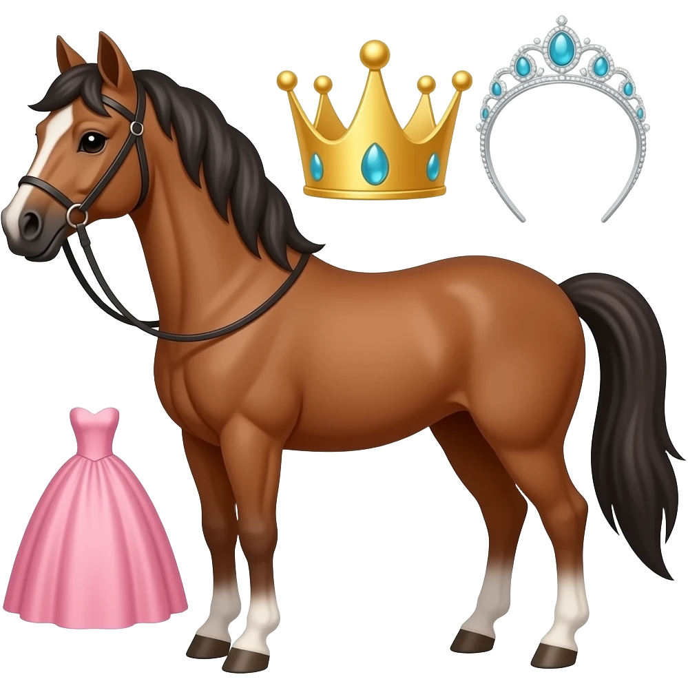 Dress, horse, crown, and tiara emoji