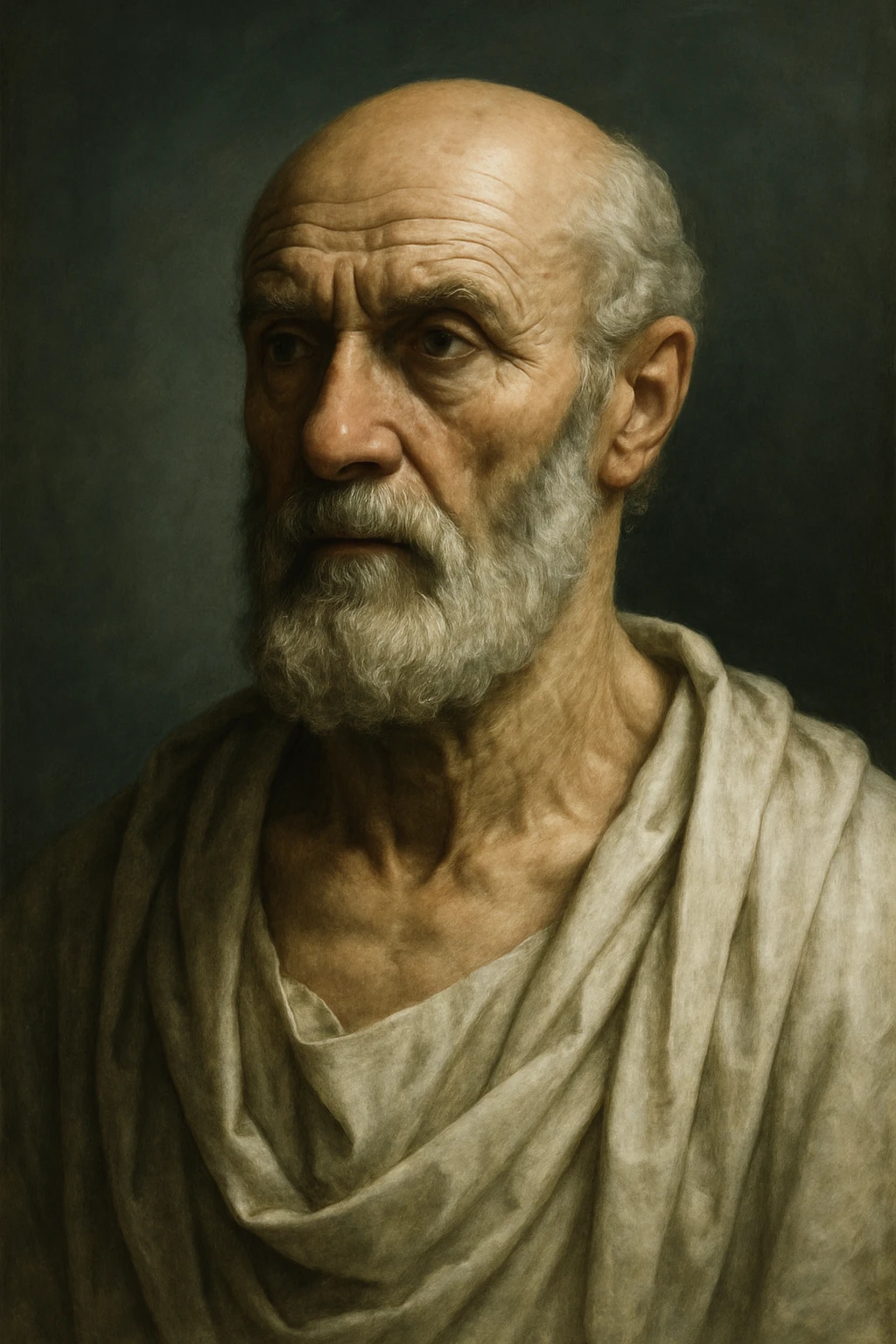 realistic, detailed portrait of Hippocrates, ancient Greek doctor, with a thoughtful expression, cinematic clinical light, vertical 2:3 aspect ratio emoji