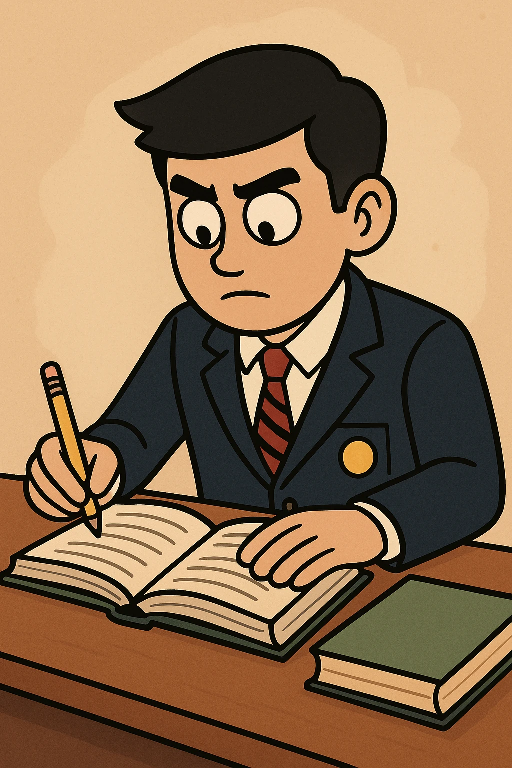 A hardworking South Korean high school student wearing a neat school uniform, focused on studying with books and a pencil, in a relatable and positive style emoji