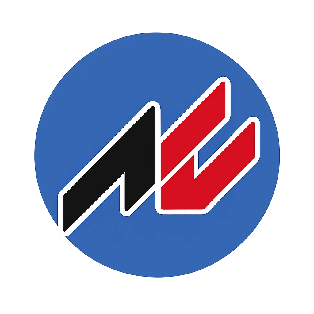 Edit the images to show an AC icon inside a blue circle using the darkest blue from the flat blue palette for the circle background. Keep the AC icon black and red, very simple flat color clip art style, minimal, no text, transparent background. emoji