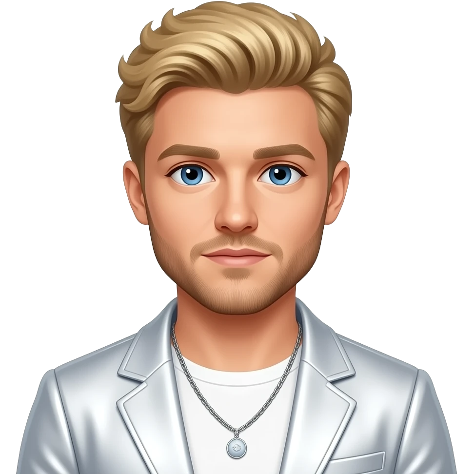 Niall Horan from One Direction with blue eyes, golden blonde hair, white metallic pop tour outfit, necklace emoji