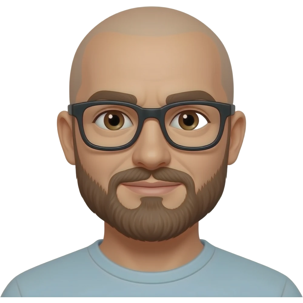 bald caucasian man with brown beard and brown eyes and black glasses emoji