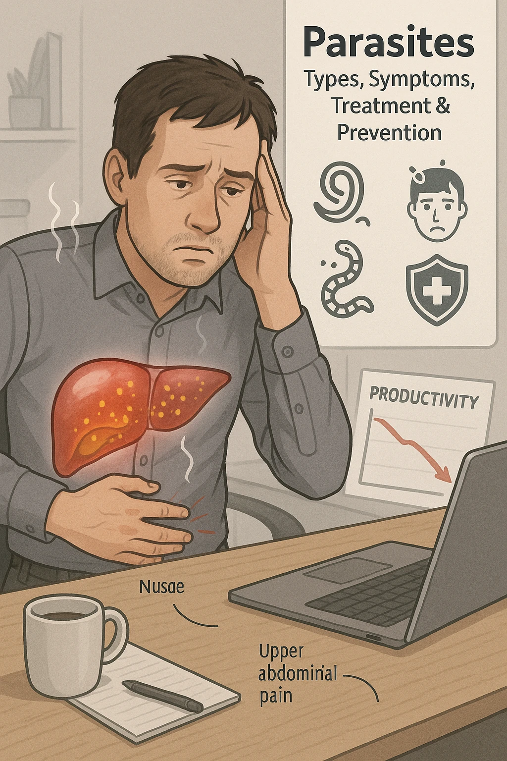 Man sitting at office desk experiencing subtle symptoms of liver dysfunction, upper abdominal pain, nausea, and unexplained fatigue Parasites: Types, Symptoms, Treatment & Prevention, expression of confusion about vague health issues, liver shown in transparent overlay with early inflammation, toxins beginning to accumulate in bloodstream, productivity declining as liver struggles to filter properly emoji
