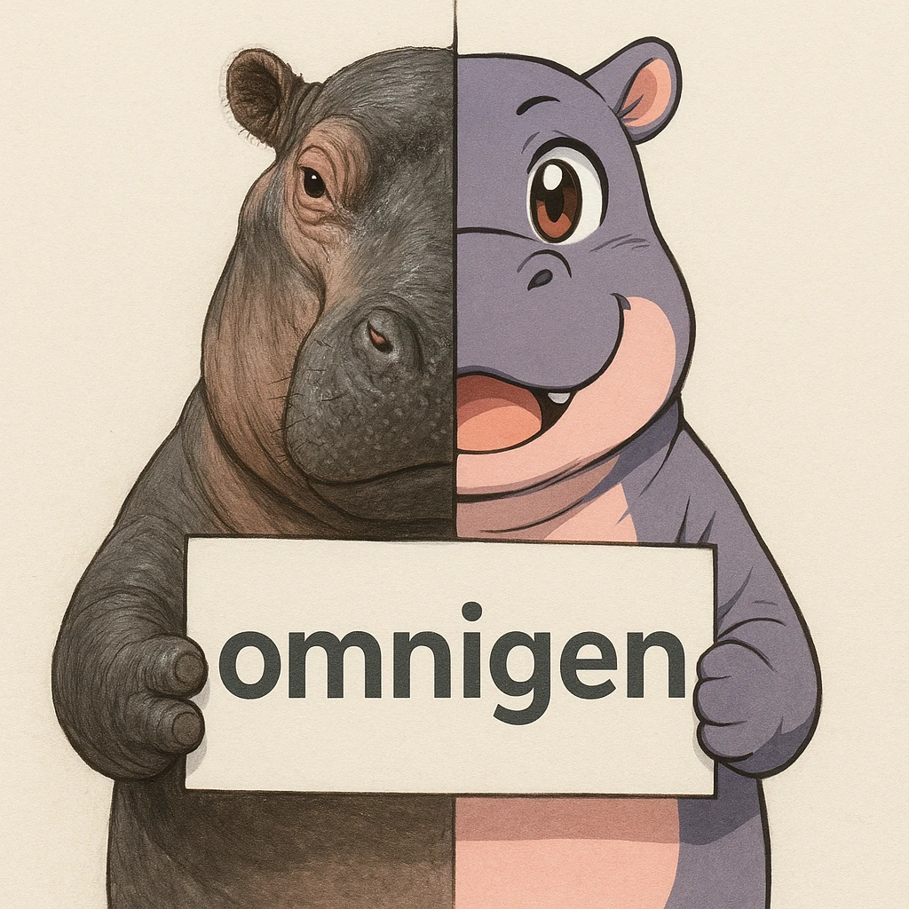 a hippo holding sign of omnigen, half picture hippo is realistic another hald is the anime of that same hippo emoji
