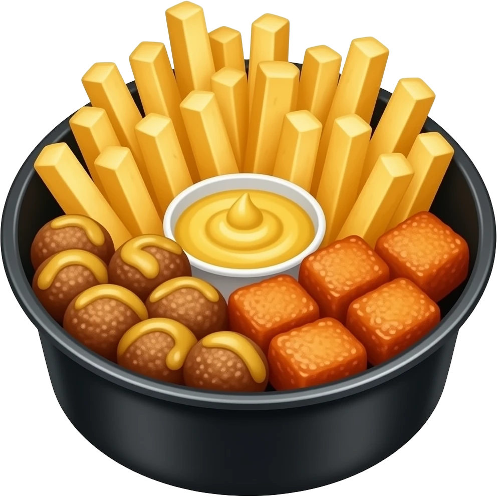 french fry and chicken cubes and meatballs all mixed together with mustard sauce in a black round plastic box. Its called a loaded box emoji