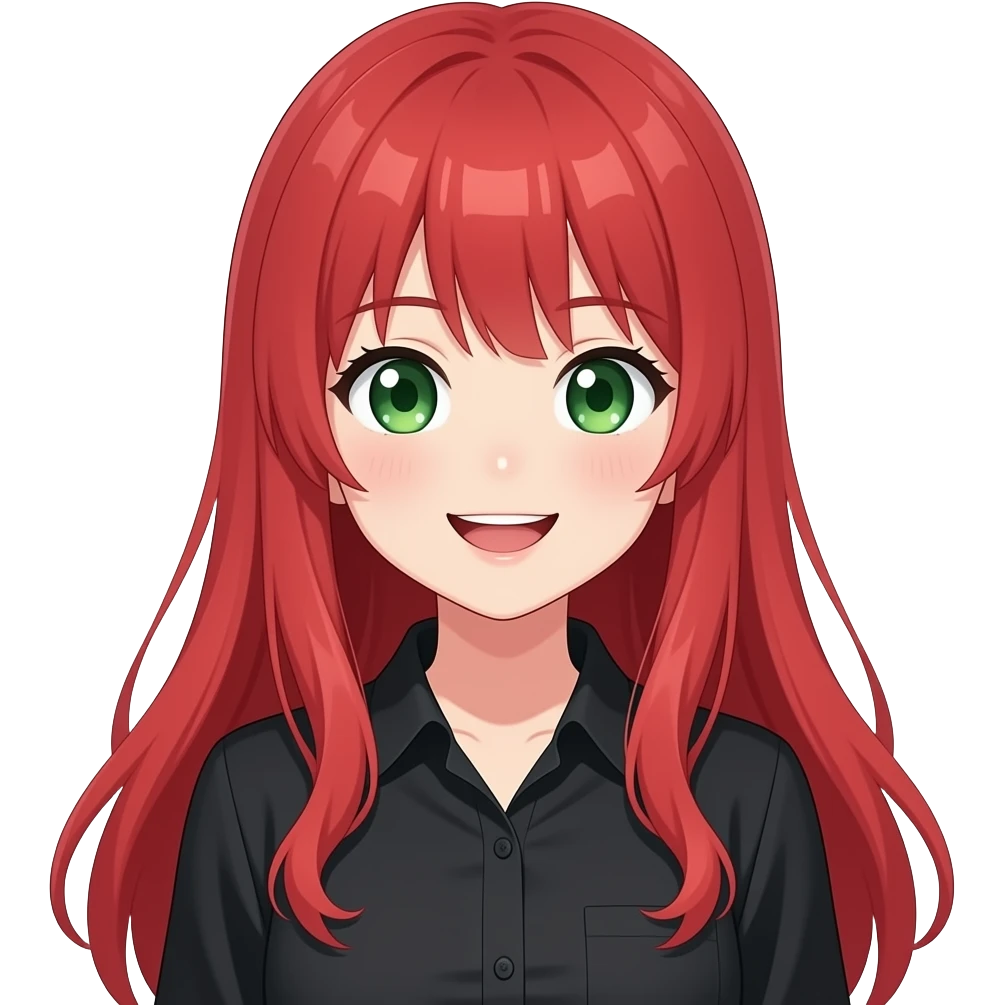 anime girl grinning long red hair green eyes black shirt emoji
