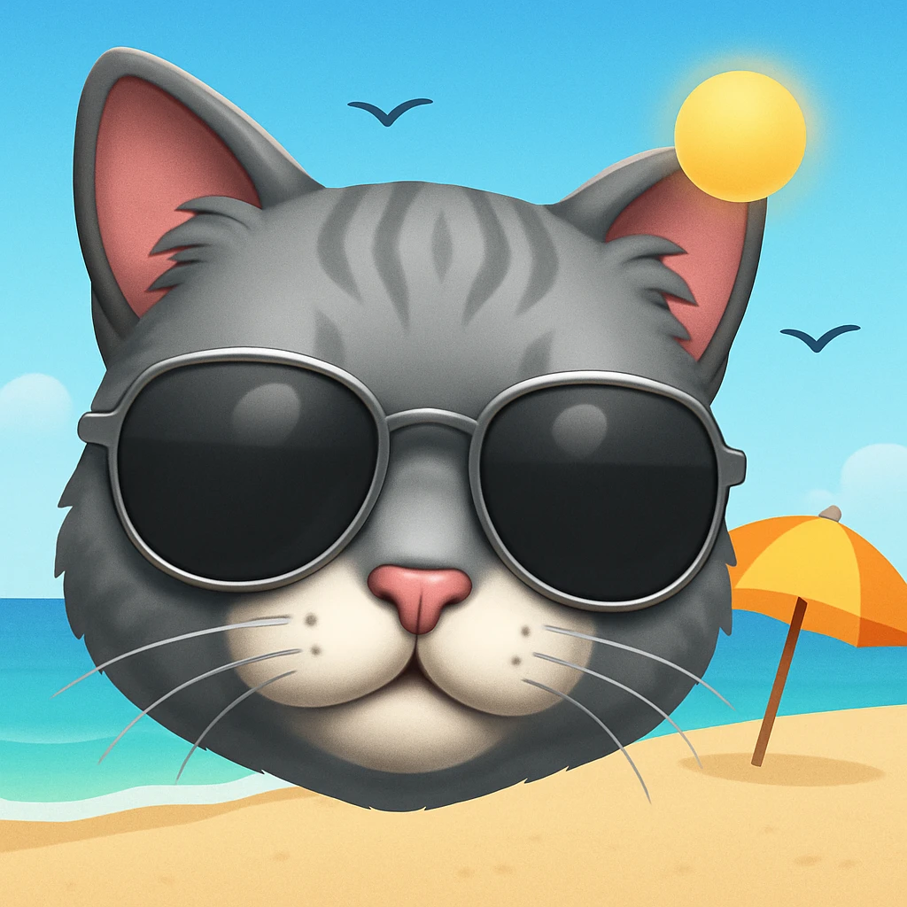 Add a sunny beach background behind the cat wearing sunglasses, in the style of apple emojis. emoji