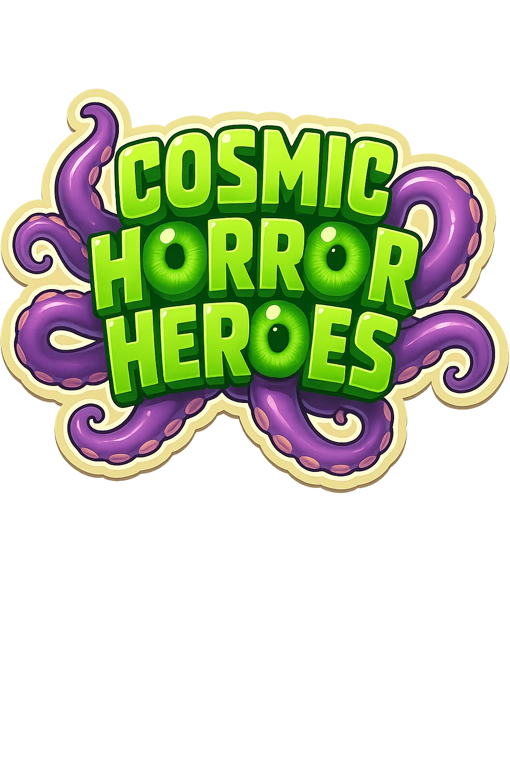 Render the cosmic horror themed image with green text and tentacles in a vibrant retro stickers style. Use bold outlines and a playful, collectible vibe to give it a classic retro sticker look while preserving the original theme and elements. emoji