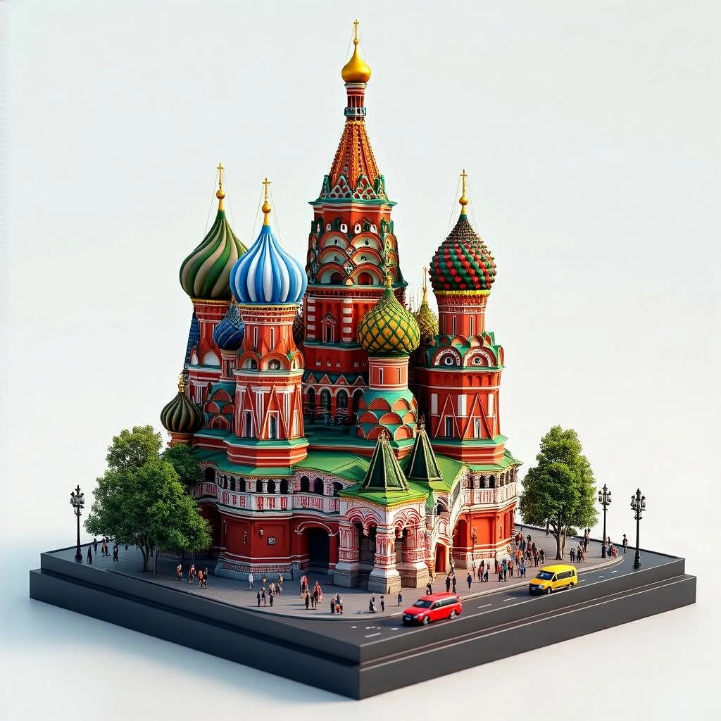 Изометричная миниатюрная фотореалистичная 3D модель Москвы на подставке - Кремль, собор Василия Блаженного, Башни Москва-Сити, четкая детализация, яркие цвета, мультяшный реализм, люди, автотранспорт и метро, компактная композиция, вид сверху в изометрии, прозрачный фон emoji