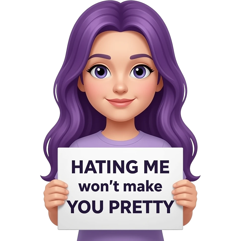 girl with long purple hair with a HATING ME won't make YOU PRETTY sign emoji